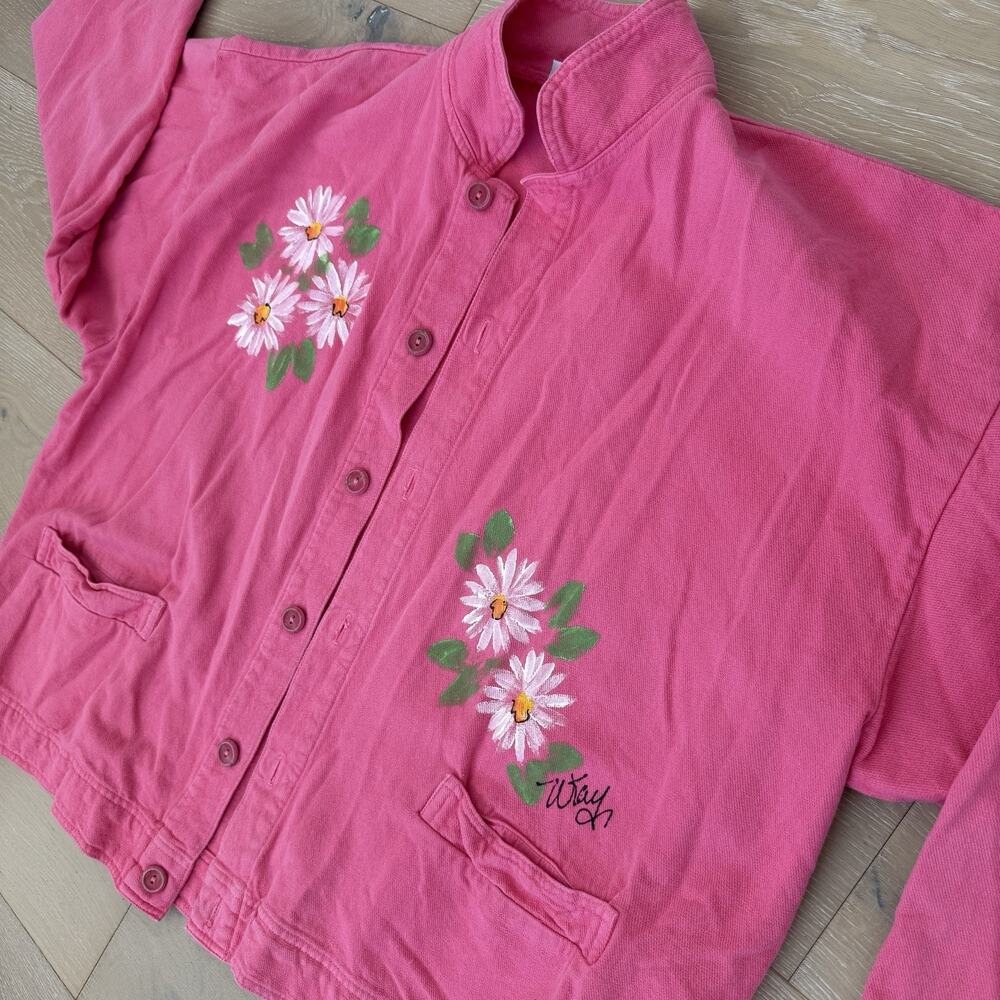 Vintage Hot Pink Hand-Painted Jacket Floral Daisy Shacket Cotton Denim Cottage L